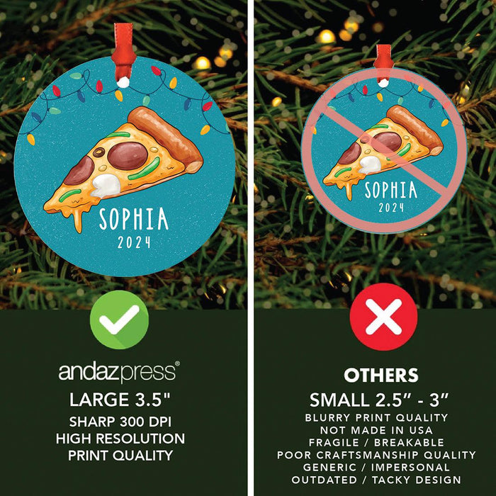 Custom Metal Pizza Slice Christmas Ornament, 20XX Pizza Tree Decoration-Set of 1-Andaz Press-Pizza-