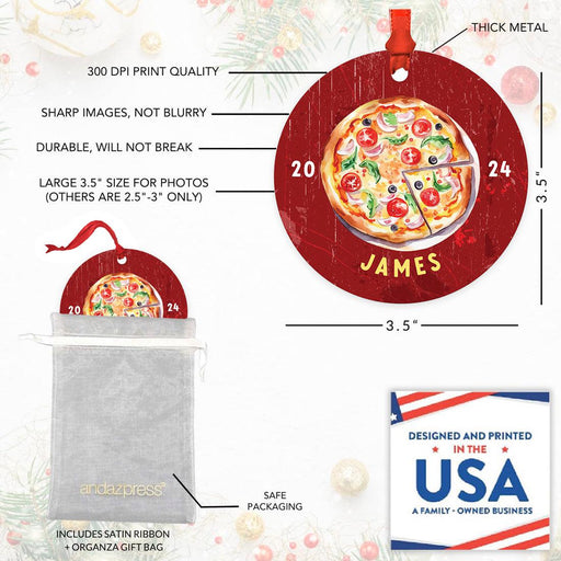 Custom Metal Pizza Slice Christmas Ornament, 20XX Pizza Tree Decoration-Set of 1-Andaz Press-Pizza-