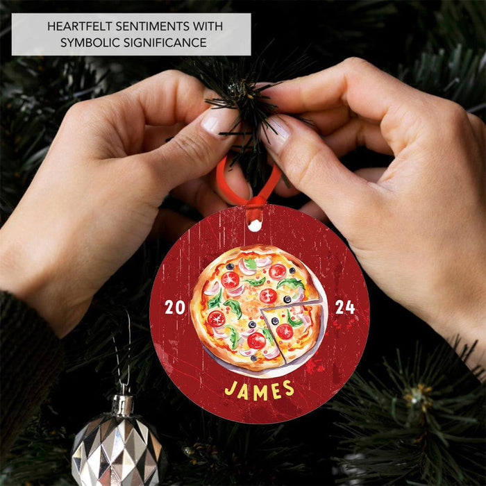 Custom Metal Pizza Slice Christmas Ornament, 20XX Pizza Tree Decoration-Set of 1-Andaz Press-Pizza-