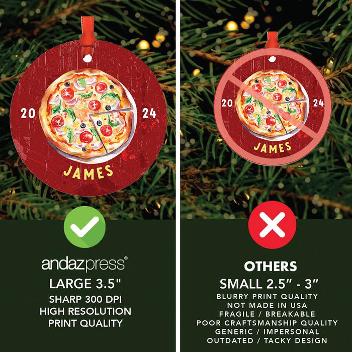 Custom Metal Pizza Slice Christmas Ornament, 20XX Pizza Tree Decoration-Set of 1-Andaz Press-Pizza-