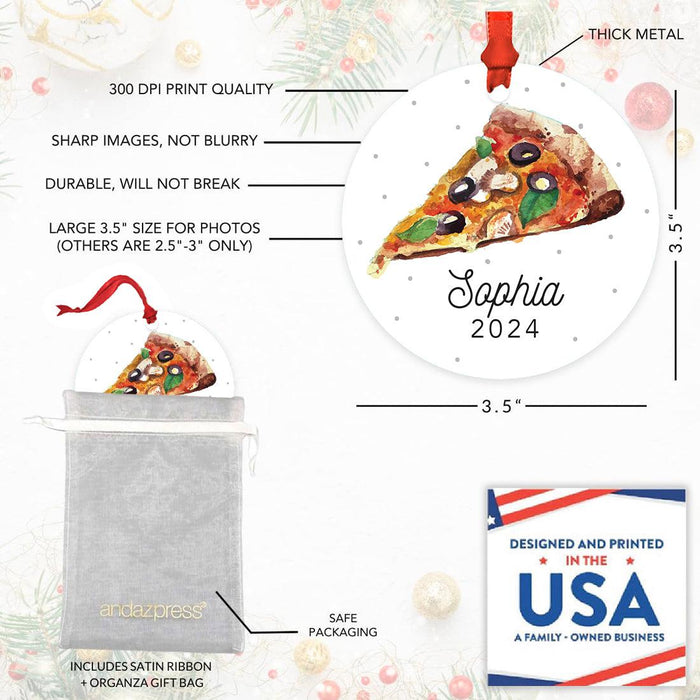 Custom Metal Pizza Slice Christmas Ornament, 20XX Pizza Tree Decoration-Set of 1-Andaz Press-Pizza-