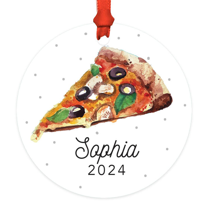 Custom Metal Pizza Slice Christmas Ornament, 20XX Pizza Tree Decoration-Set of 1-Andaz Press-Pizza Slice-