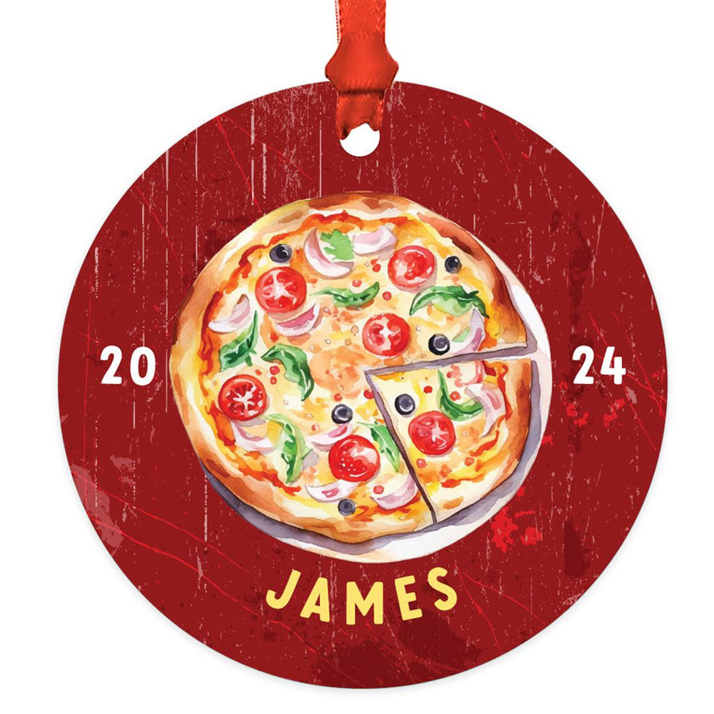 Custom Metal Pizza Slice Christmas Ornament, 20XX Pizza Tree Decoration-Set of 1-Andaz Press-Pizza-