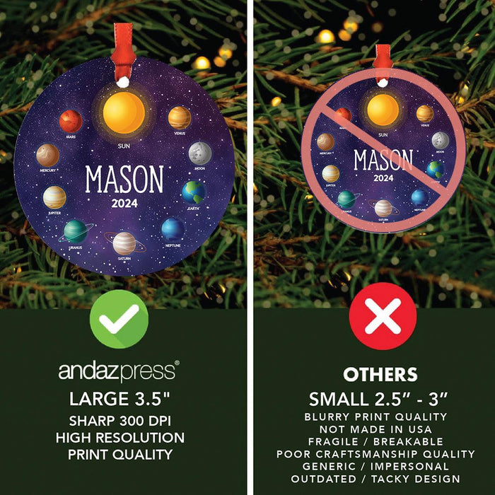 Custom Metal Planet Christmas Ornament for Tree, Unique Design for Kids-Set of 1-Andaz Press-Planets Solar System Space-