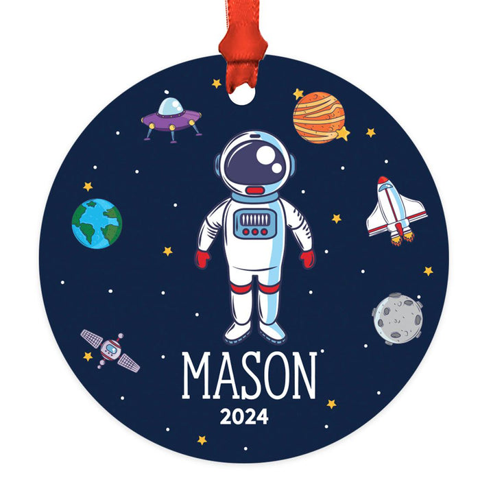 Custom Metal Planet Christmas Ornament for Tree, Unique Design for Kids-Set of 1-Andaz Press-Cute Astronaut in Space-