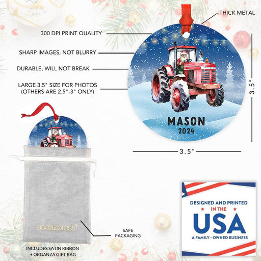 Custom Metal Red Tractor Ornament, 20XX Christmas Tree Gift for Kids-Set of 1-Andaz Press-Santa in Red Tractor-