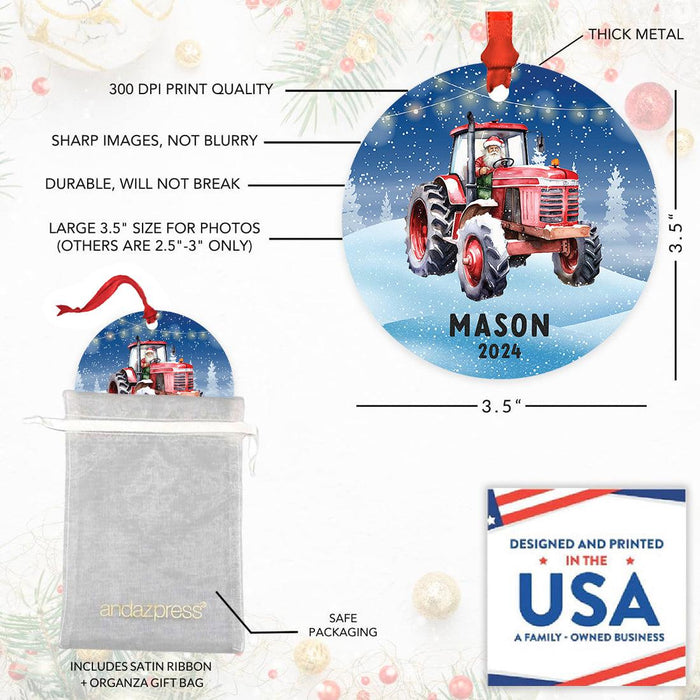 Custom Metal Red Tractor Ornament, 20XX Christmas Tree Gift for Kids-Set of 1-Andaz Press-Santa in Red Tractor-