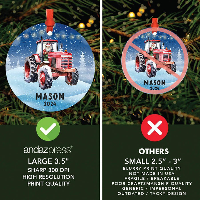 Custom Metal Red Tractor Ornament, 20XX Christmas Tree Gift for Kids-Set of 1-Andaz Press-Santa in Red Tractor-