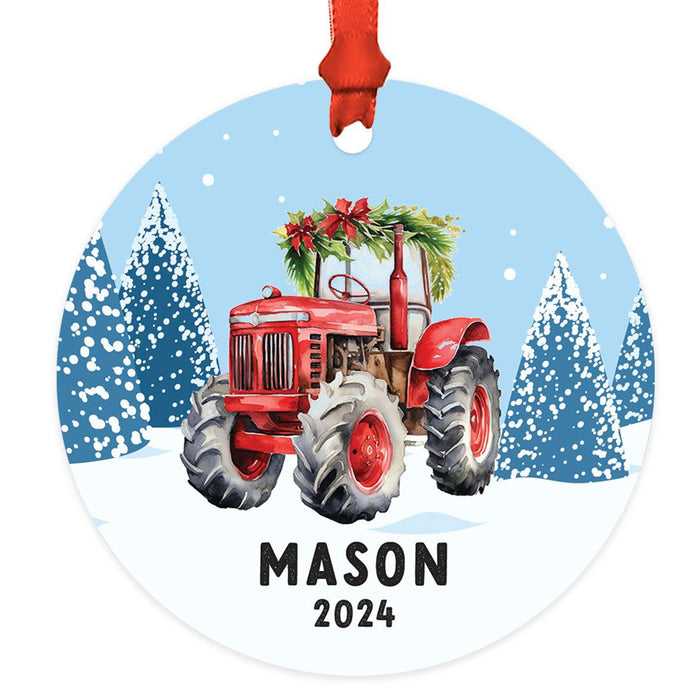 Custom Metal Red Tractor Ornament, 20XX Christmas Tree Gift for Kids-Set of 1-Andaz Press-Red Tractor with Wreath-