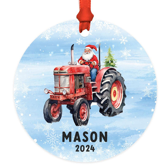 Custom Metal Red Tractor Ornament, 20XX Christmas Tree Gift for Kids-Set of 1-Andaz Press-Santa Driving Tractor with Snowflakes-