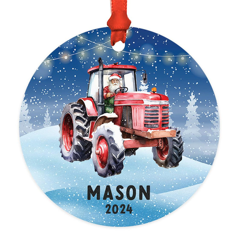 Custom Metal Red Tractor Ornament, 20XX Christmas Tree Gift for Kids-Set of 1-Andaz Press-Santa in Red Tractor-