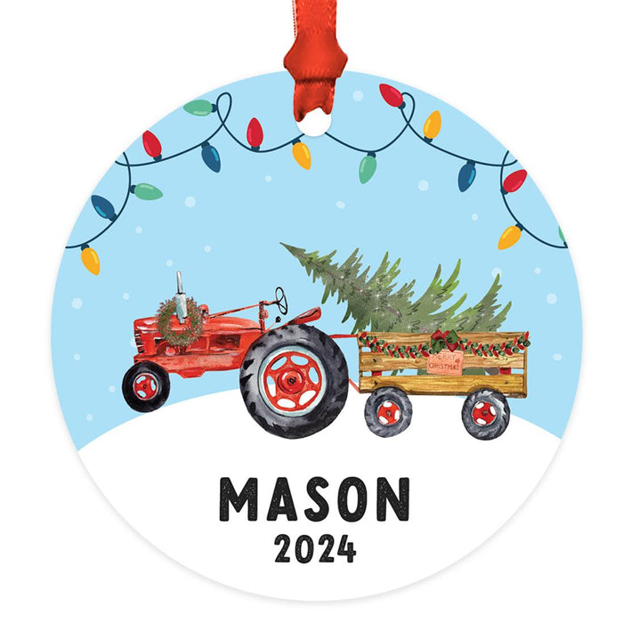 Custom Metal Red Tractor Ornament, 20XX Christmas Tree Gift for Kids-Set of 1-Andaz Press-Tractor Carrying Christmas Tree-