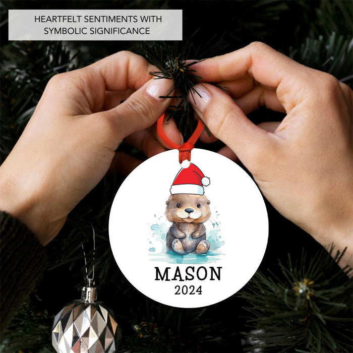 Custom Metal Sea Otter Christmas Ornaments Unique Holiday Decor for Kids-Set of 1-Andaz Press-Cute Baby Otter with Santa Hat-