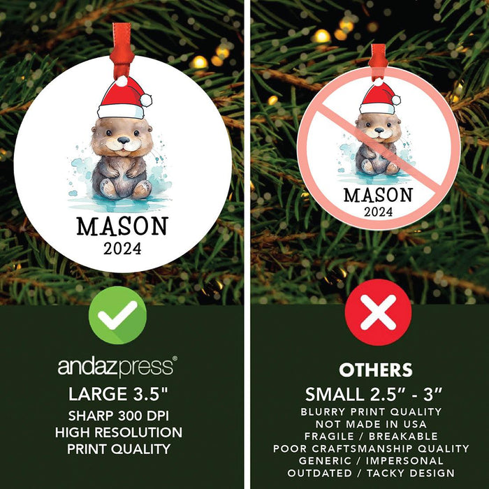 Custom Metal Sea Otter Christmas Ornaments Unique Holiday Decor for Kids-Set of 1-Andaz Press-Cute Baby Otter with Santa Hat-