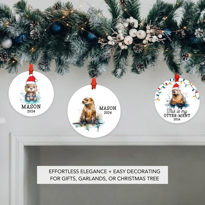 Custom Metal Sea Otter Christmas Ornaments Unique Holiday Decor for Kids-Set of 1-Andaz Press-Cute Baby Otter with Santa Hat-