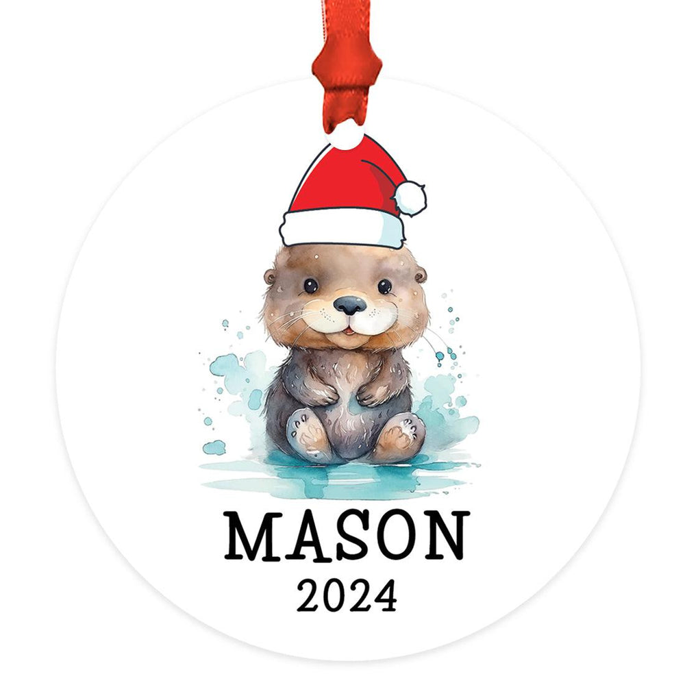 Custom Metal Sea Otter Christmas Ornaments Unique Holiday Decor for Kids-Set of 1-Andaz Press-Cute Baby Otter with Santa Hat-