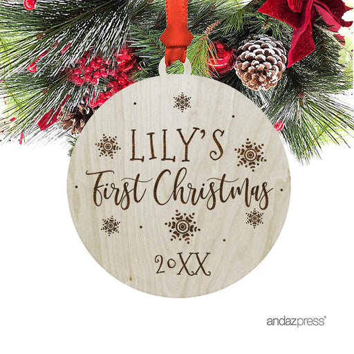 Custom Name Laser Engraved Wood Christmas Ornament Bulk Pack, Baby's First Christmas, Elegant Snowflakes-Set of 6-Andaz Press-