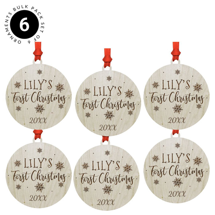 Custom Name Laser Engraved Wood Christmas Ornament Bulk Pack, Baby's First Christmas, Elegant Snowflakes-Set of 6-Andaz Press-