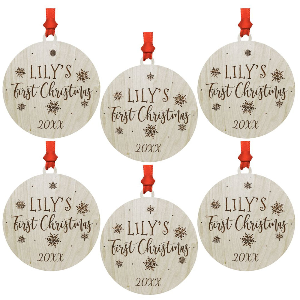 Custom Name Laser Engraved Wood Christmas Ornament Bulk Pack, Baby's First Christmas, Elegant Snowflakes-Set of 6-Andaz Press-