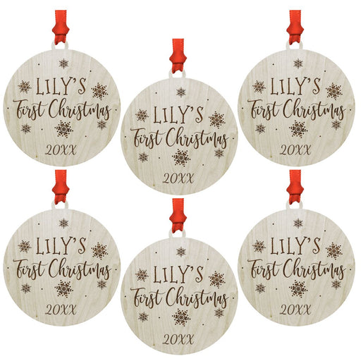 Custom Name Laser Engraved Wood Christmas Ornament Bulk Pack, Baby's First Christmas, Elegant Snowflakes-Set of 6-Andaz Press-