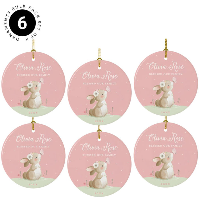 Custom Name and Year Round Porcelain Christmas Ornament, Bunny Rabbit Blush Pink Bulk-Set of 6-Andaz Press-Blessed Our Family-