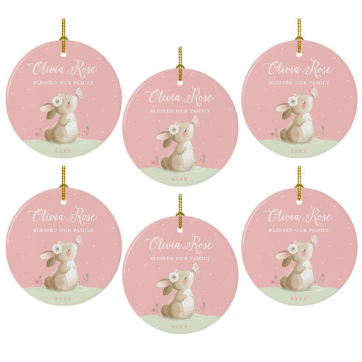 Custom Name and Year Round Porcelain Christmas Ornament, Bunny Rabbit Blush Pink Bulk-Set of 6-Andaz Press-Blessed Our Family-