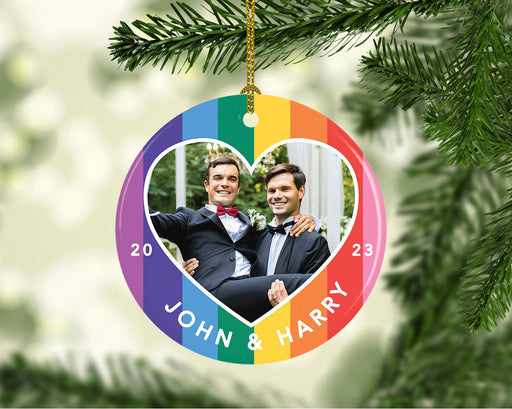 Custom Photo First LGBTQ Round Porcelain Christmas Ornament Keepsake, Set of 1-set of 1-Andaz Press-Rainbow Heart Photo-