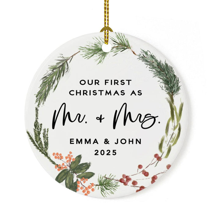 Custom Round Porcelain Wedding Christmas Tree Ornament Keepsake Gift-Set of 1-Andaz Press-First Christmas as Mr. & Mrs.-