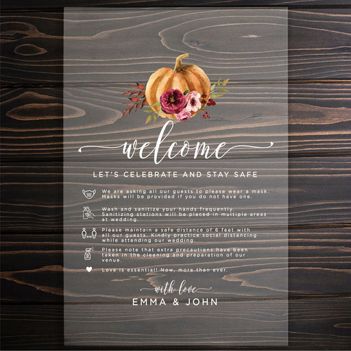 Custom Social Distance Clear Acrylic Wedding Party Signs, White Text, 16 x 24 Inches-Set of 1-Andaz Press-Welcome Autumn-