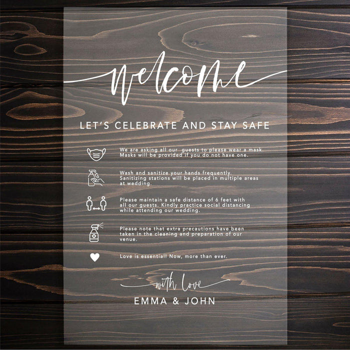 Custom Social Distance Clear Acrylic Wedding Party Signs, White Text, 16 x 24 Inches-Set of 1-Andaz Press-Welcome Autumn-