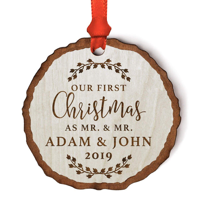 Custom Wedding Engagement Real Wood Rustic Farmhouse Christmas Ornament, Rustic Laurel Leaves-Set of 1-Andaz Press-Mr. & Mr.-