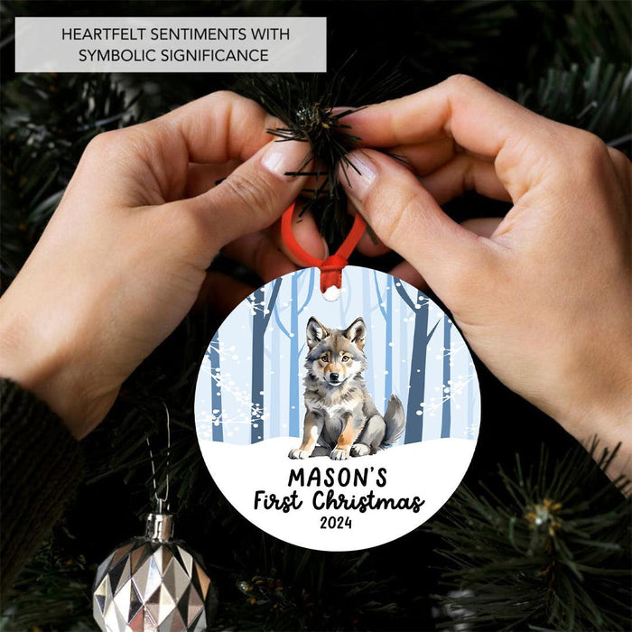 Custom Wolf Christmas Ornament Metal 20XX Baby's First Christmas for Boys & Girls-Set of 1-Andaz Press-Baby Wolf with Santa Hat-