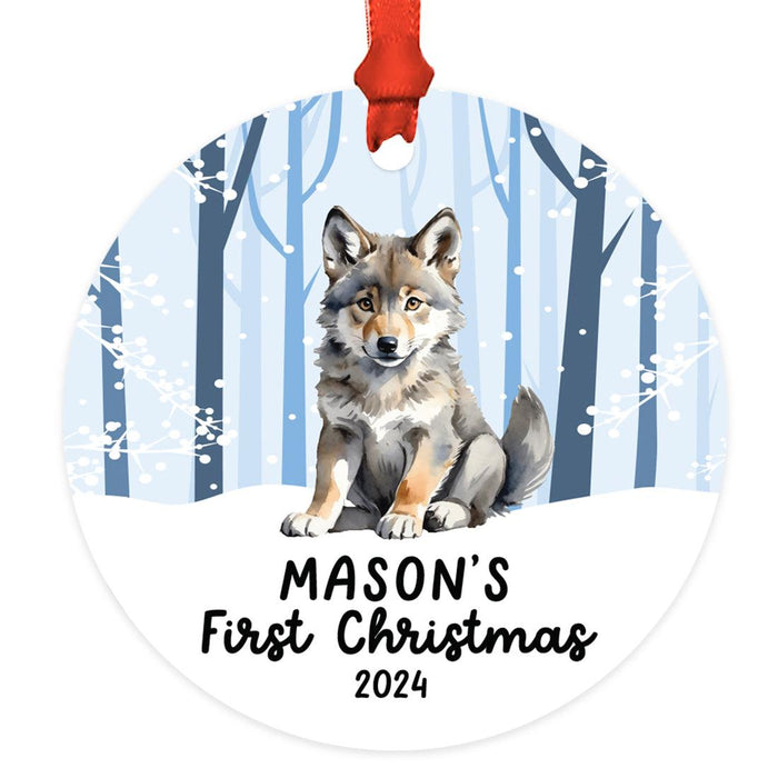 Custom Wolf Christmas Ornament Metal 20XX Baby's First Christmas for Boys & Girls-Set of 1-Andaz Press-Cute Wolf in the Snow-