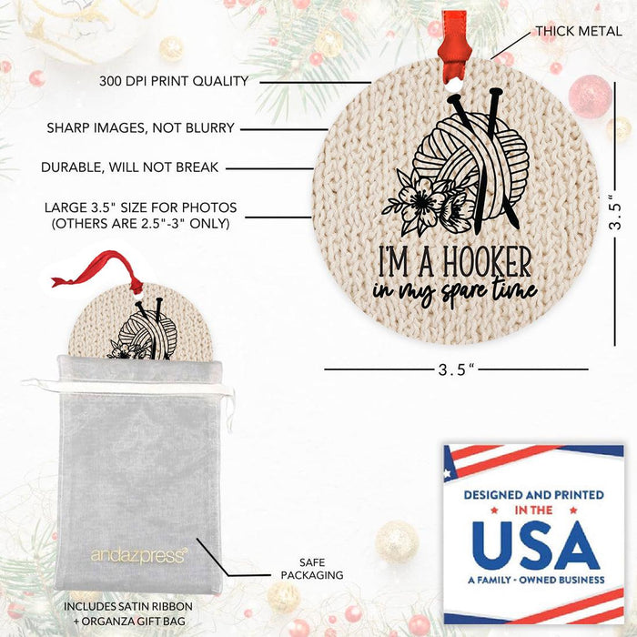 Funny Crochet Christmas Tree Metal Ornaments with Ribbon and Gift Bag-Set of 1-Andaz Press-I'm A Hooker In My Spare Time-