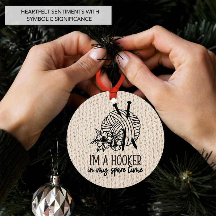 Funny Crochet Christmas Tree Metal Ornaments with Ribbon and Gift Bag-Set of 1-Andaz Press-I'm A Hooker In My Spare Time-