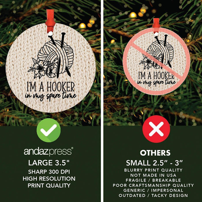 Funny Crochet Christmas Tree Metal Ornaments with Ribbon and Gift Bag-Set of 1-Andaz Press-I'm A Hooker In My Spare Time-