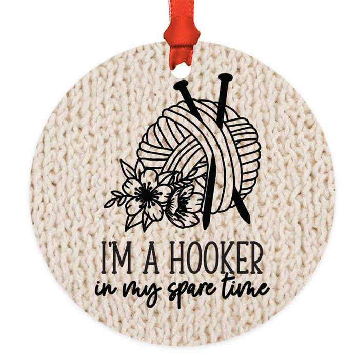 Funny Crochet Christmas Tree Metal Ornaments with Ribbon and Gift Bag-Set of 1-Andaz Press-I'm A Hooker In My Spare Time-