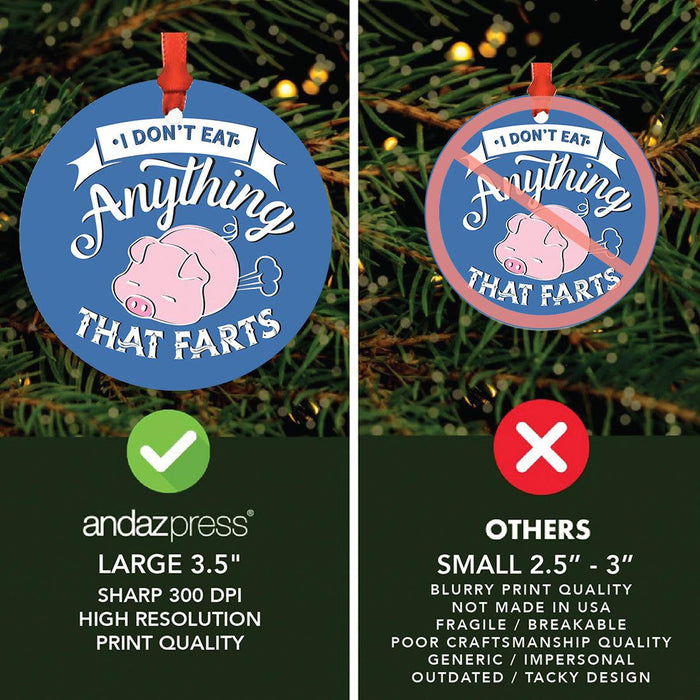 Funny Vegan Metal Ornament, Christmas Gift Ideas for Tree, Unique Decor for Men & Women-Set of 1-Andaz Press-I Don't Eat Anything That Farts-