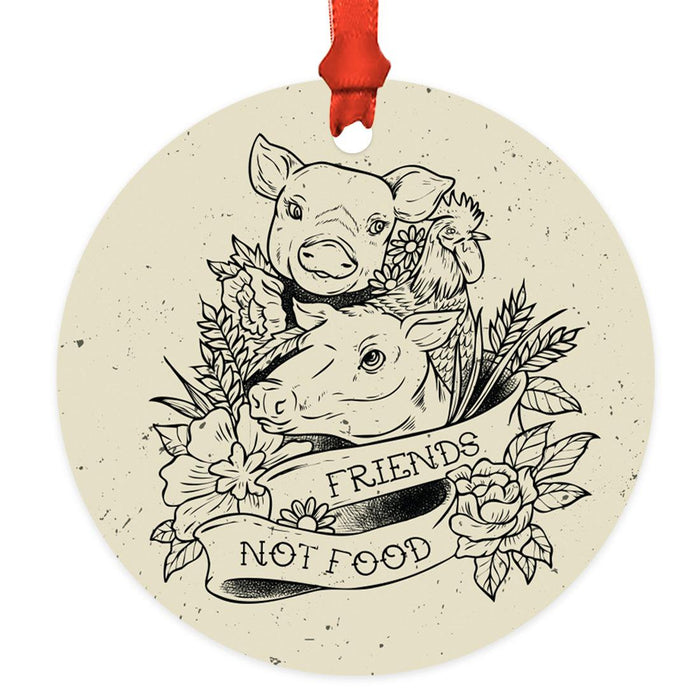 Funny Vegan Metal Ornament, Christmas Gift Ideas for Tree, Unique Decor for Men & Women-Set of 1-Andaz Press-Friends Not Food-