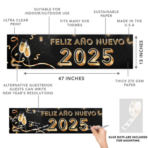 Happy New Year Banner 2025 in Spanish for Decor, 47" x 13", Set of 1-Set of 1-Andaz Press-Champage Glasses Design-