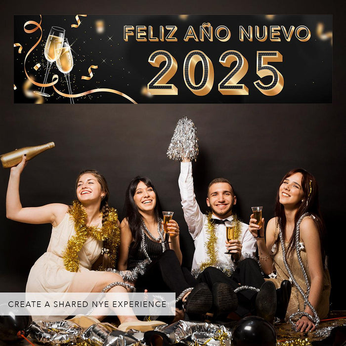 Happy New Year Banner 2025 in Spanish for Decor, 47" x 13", Set of 1-Set of 1-Andaz Press-Champage Glasses Design-