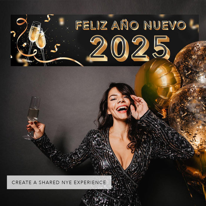 Happy New Year Banner 2025 in Spanish for Decor, 47" x 13", Set of 1-Set of 1-Andaz Press-Champage Glasses Design-