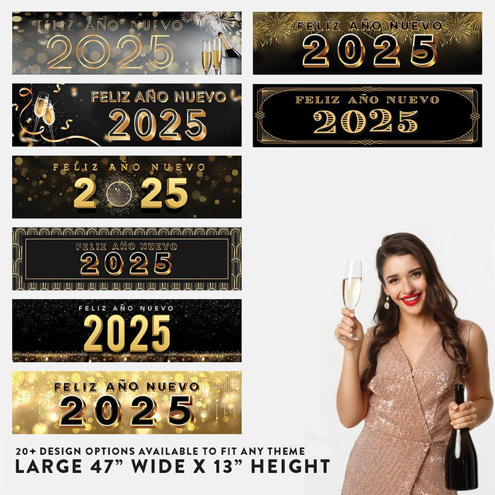 Happy New Year Banner 2025 in Spanish for Decor, 47" x 13", Set of 1-Set of 1-Andaz Press-Champage Glasses Design-