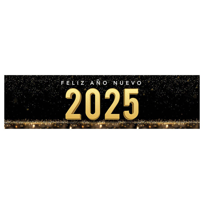 Happy New Year Banner 2025 in Spanish for Decor, 47" x 13", Set of 1-Set of 1-Andaz Press-Black & Gold Confetti Glitter Design-