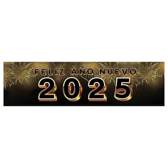 Happy New Year Banner 2025 in Spanish for Decor, 47" x 13", Set of 1-Set of 1-Andaz Press-Black & Gold Fireworks-