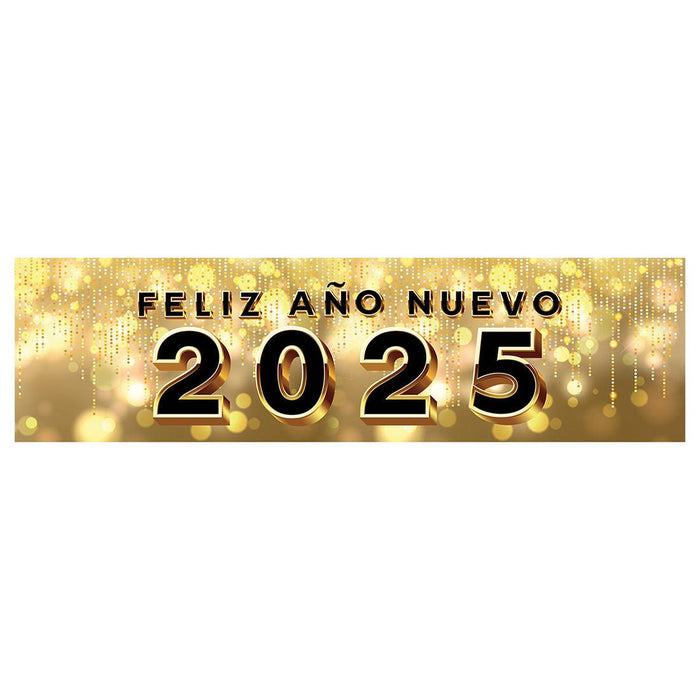 Happy New Year Banner 2025 in Spanish for Decor, 47" x 13", Set of 1-Set of 1-Andaz Press-Black & Gold Glam-