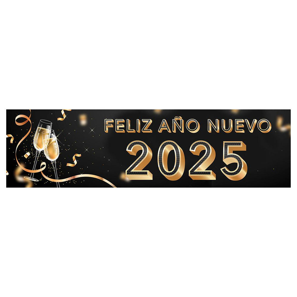 Happy New Year Banner 2025 in Spanish for Decor, 47" x 13", Set of 1-Set of 1-Andaz Press-Champage Glasses Design-