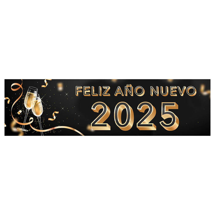 Happy New Year Banner 2025 in Spanish for Decor, 47" x 13", Set of 1-Set of 1-Andaz Press-Champage Glasses Design-