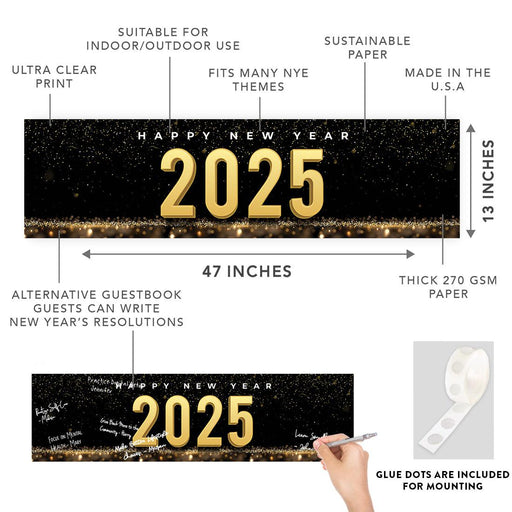 Happy New Year Banner Backdrop 2025 for Decor, 47" x 13", Set of 1-Set of 1-Andaz Press-Black & Gold Confetti Glitter-