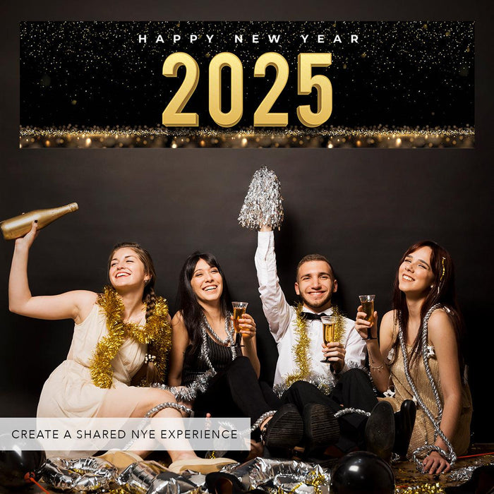 Happy New Year Banner Backdrop 2025 for Decor, 47" x 13", Set of 1-Set of 1-Andaz Press-Black & Gold Confetti Glitter-